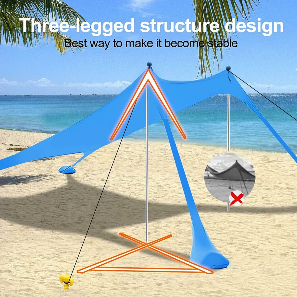 Beach Canopy Tent Sun Shade with UPF 50+ UV Protection, Beach Tent Sun Shelter with Sandbags, Poles and Ground Pegs and Anti-Wind Ropes for Outdoor, Camping, Backyard and Picnics