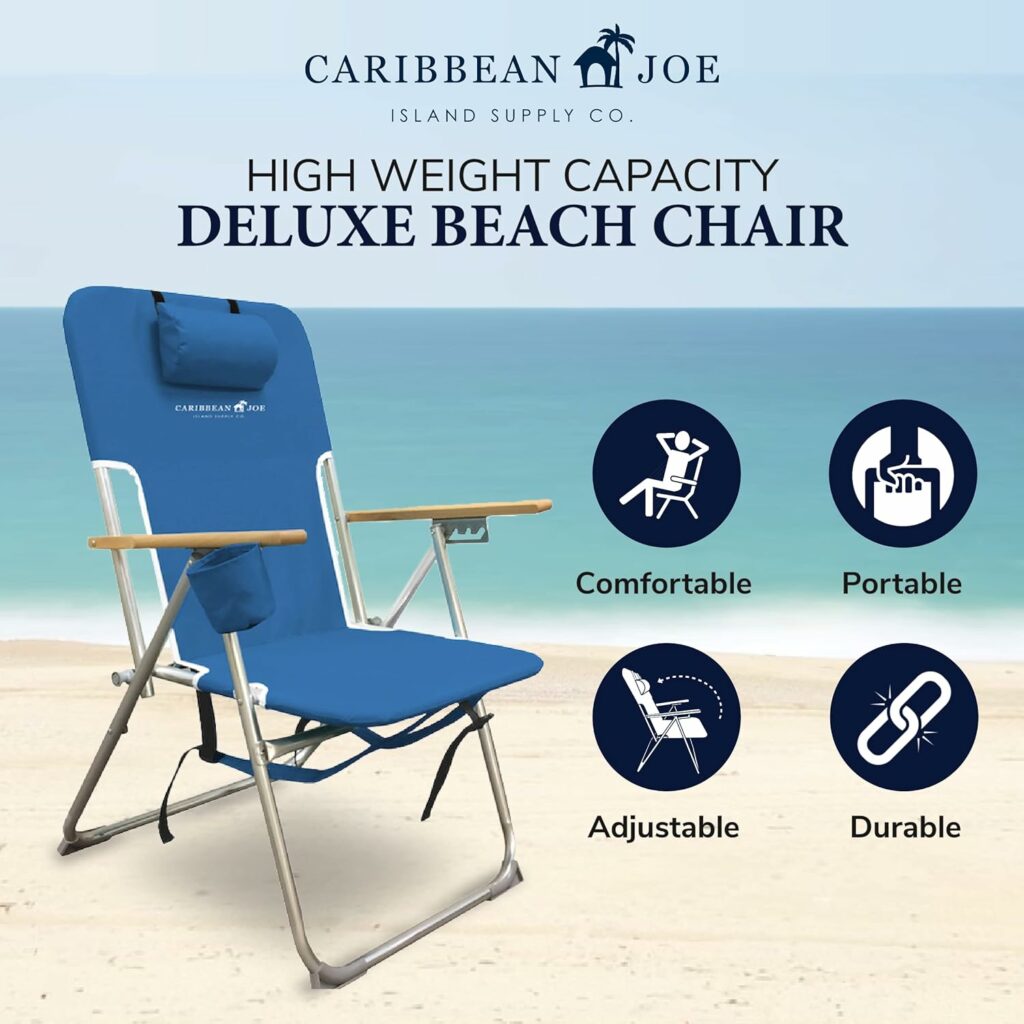 Caribbean Joe Folding Beach Chair, 4 Position Portable Backpack Foldable Camping Chair with Headrest, Cup Holder, and Wooden Armrests, Teal