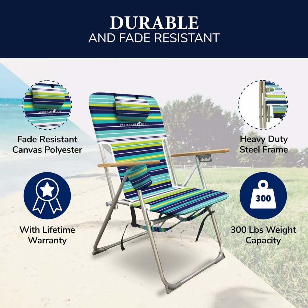 Caribbean Joe Folding Beach Chair, 4 Position Portable Backpack Foldable Camping Chair with Headrest, Cup Holder, and Wooden Armrests, Teal