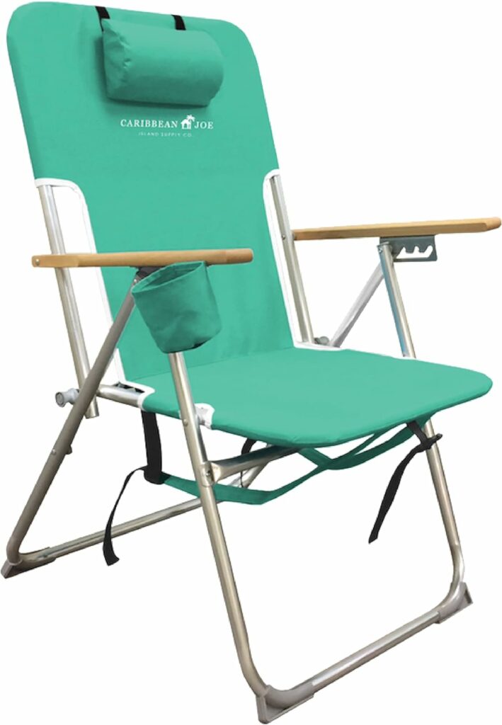 Caribbean Joe Folding Beach Chair, 4 Position Portable Backpack Foldable Camping Chair with Headrest, Cup Holder, and Wooden Armrests, Teal