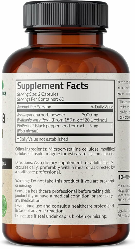 Futurebiotics Ashwagandha Capsules Extra Strength 3000mg - Stress Relief Formula, Natural Mood Support, Stress, Focus, and Energy Support Supplement, 120 Capsules