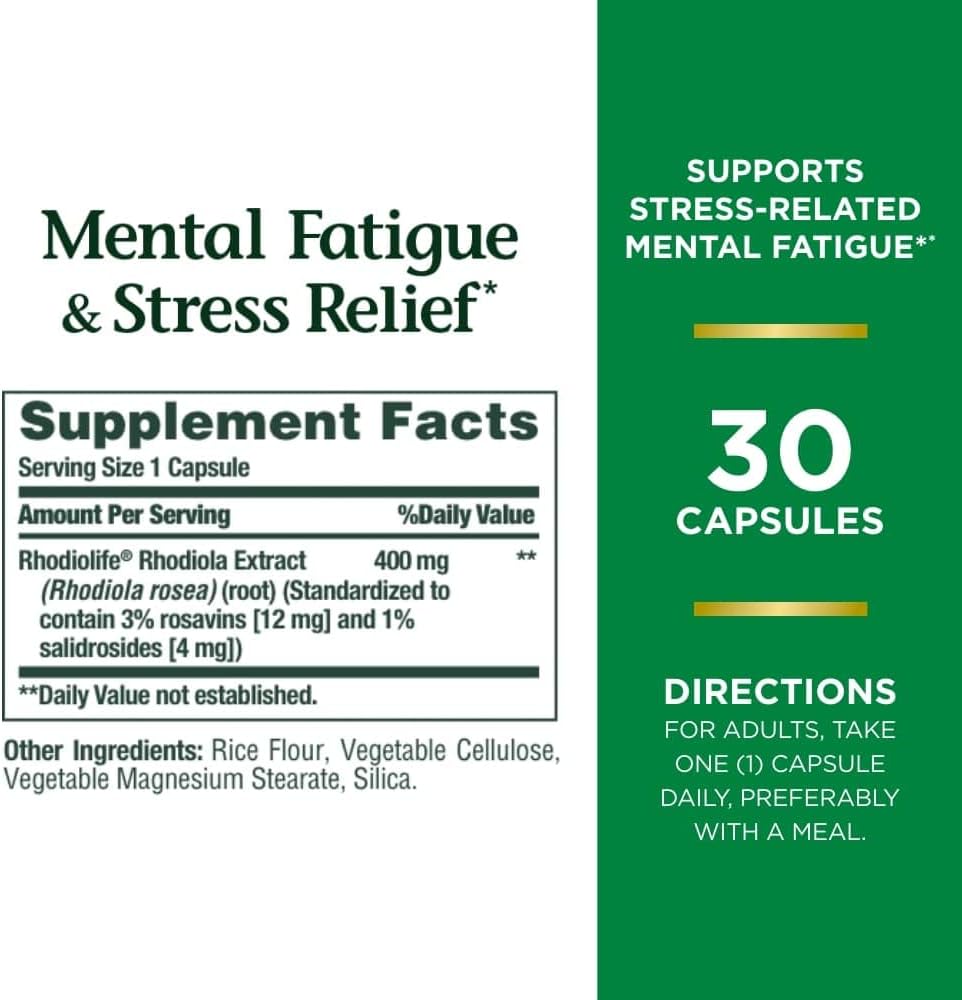 Natures Bounty Mental Fatigue and Stress Relief, Rhodiola Supplement, 400 mg, Capsules, 30 Ct