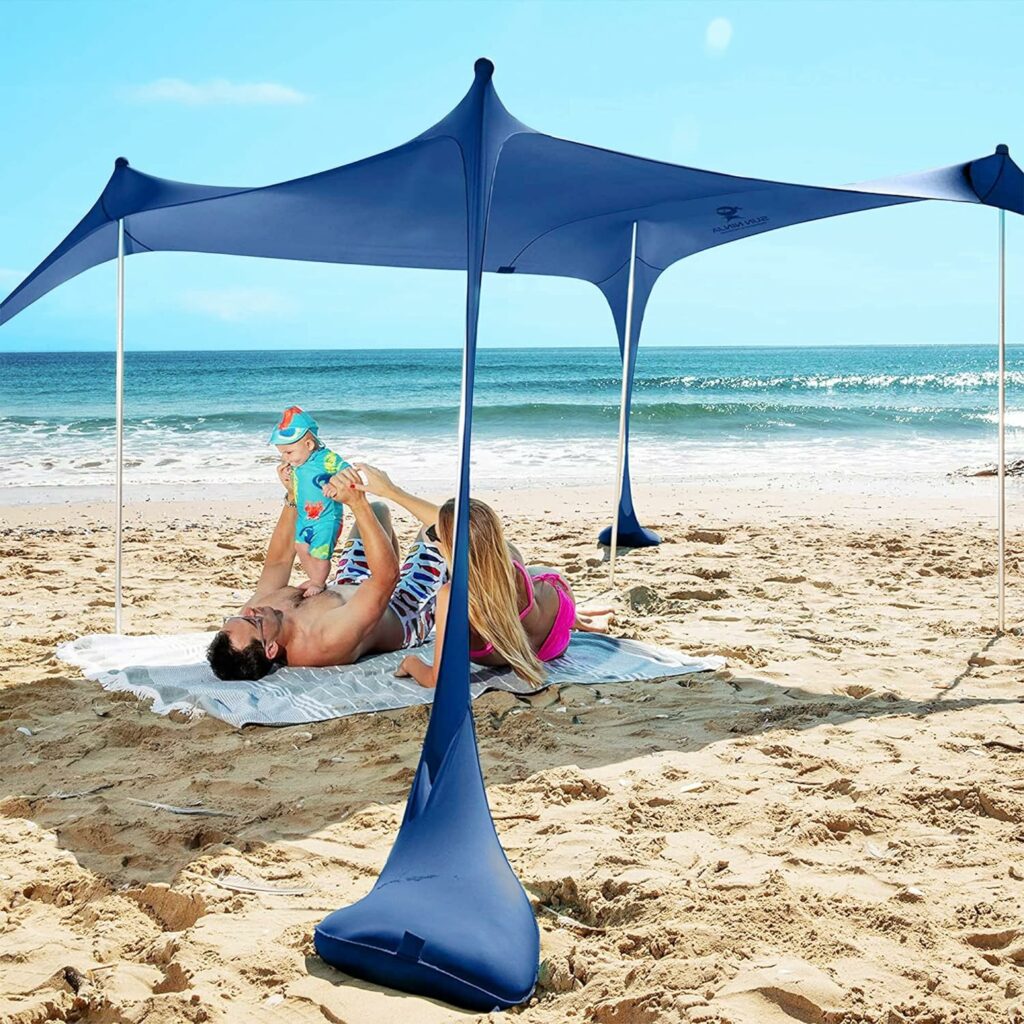 SUN NINJA Beach Tent Sun Shelter with UPF50+ Protection, Includes Sand Shovel, Ground Pegs and Stability Poles, Outdoor Pop Up Beach Shade Canopy for Camping, Fishing, Backyard Fun or Picnics