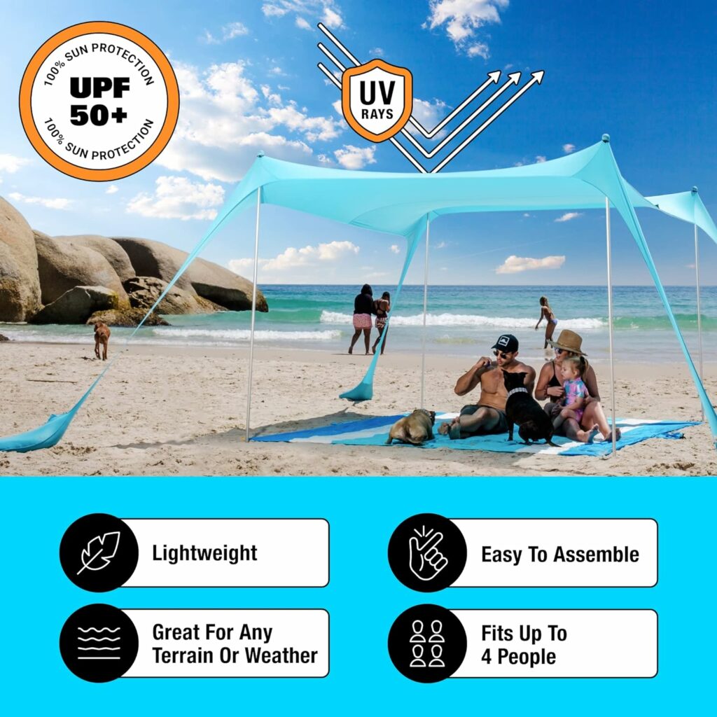 SUN NINJA Beach Tent Sun Shelter with UPF50+ Protection, Includes Sand Shovel, Ground Pegs and Stability Poles, Outdoor Pop Up Beach Shade Canopy for Camping, Fishing, Backyard Fun or Picnics