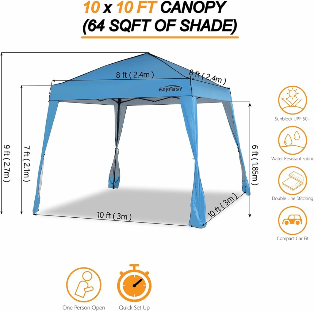 EzyFast Compact Pop Up Canopy Tent, Collapsible Instant Shelter,Portable Sports Cabana, with Built-in Weight Bags, 8 x 8 ft Base / 6 x 6 ft Top for Camping, Hiking, Picnic, Family Outings (Khaki)