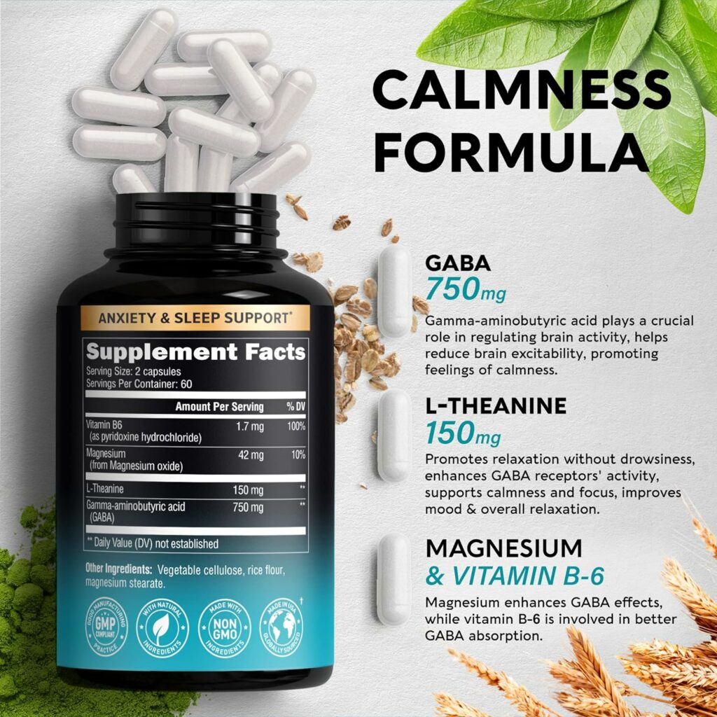 GABA Supplements - Natural Calm, Sleep, Relaxation  Stress Relief Support - Gamma AminoButyric Acid Powered with L-Theanine - Made in USA - 750 mg GABA, 150 mg L Theanine - 120 Vegan Caps