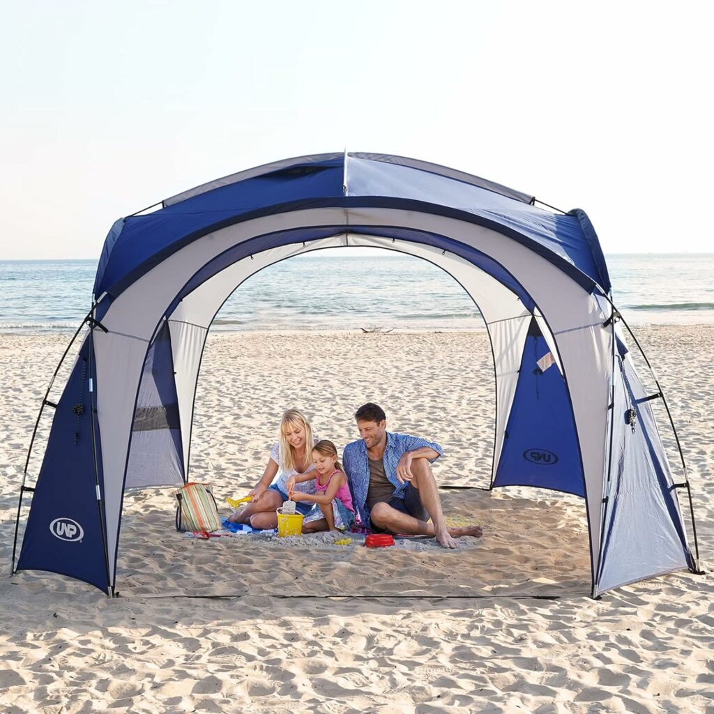 UNP Easy Beach Tent 12 X 12ft Pop Up Canopy UPF50+ Tent with Side Wall, Ground Pegs, and Stability Poles, Sun Shelter Rainproof, Waterproof for Camping Trips, Backyard Fun, Party Or Picnics(Blue)