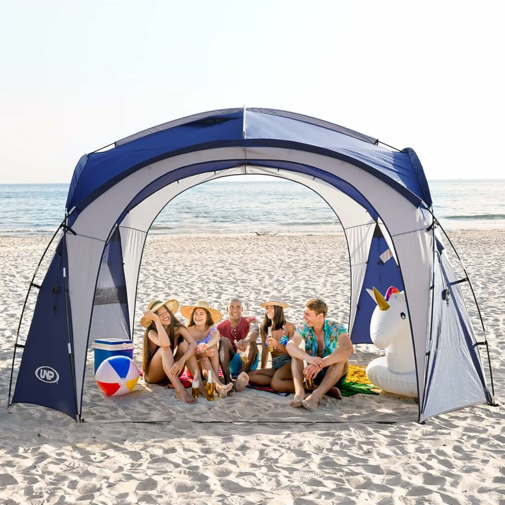 UNP Easy Beach Tent 12 X 12ft Pop Up Canopy UPF50+ Tent with Side Wall, Ground Pegs, and Stability Poles, Sun Shelter Rainproof, Waterproof for Camping Trips, Backyard Fun, Party Or Picnics(Blue)