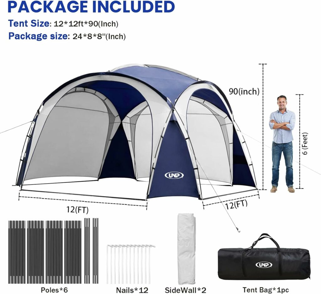 UNP Easy Beach Tent 12 X 12ft Pop Up Canopy UPF50+ Tent with Side Wall, Ground Pegs, and Stability Poles, Sun Shelter Rainproof, Waterproof for Camping Trips, Backyard Fun, Party Or Picnics(Blue)